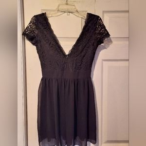 Black Lace Chiffon Fit Flare Fairy Medium Zip Back V Neck Front Whimsigoth LBD